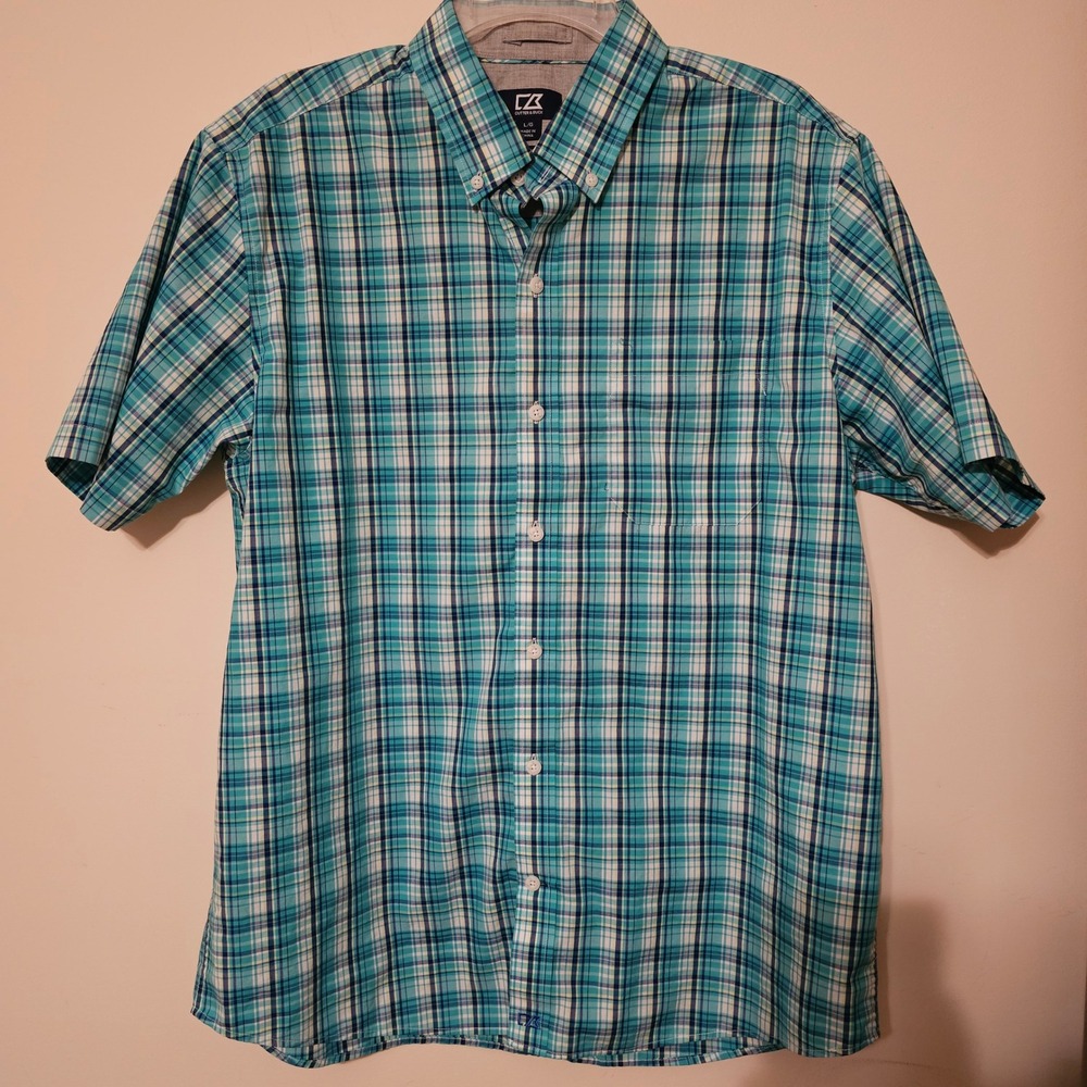 Cutter & Buck Mens Large Blue Plaid Short Sleeve Button Down Shirt Golf L *read